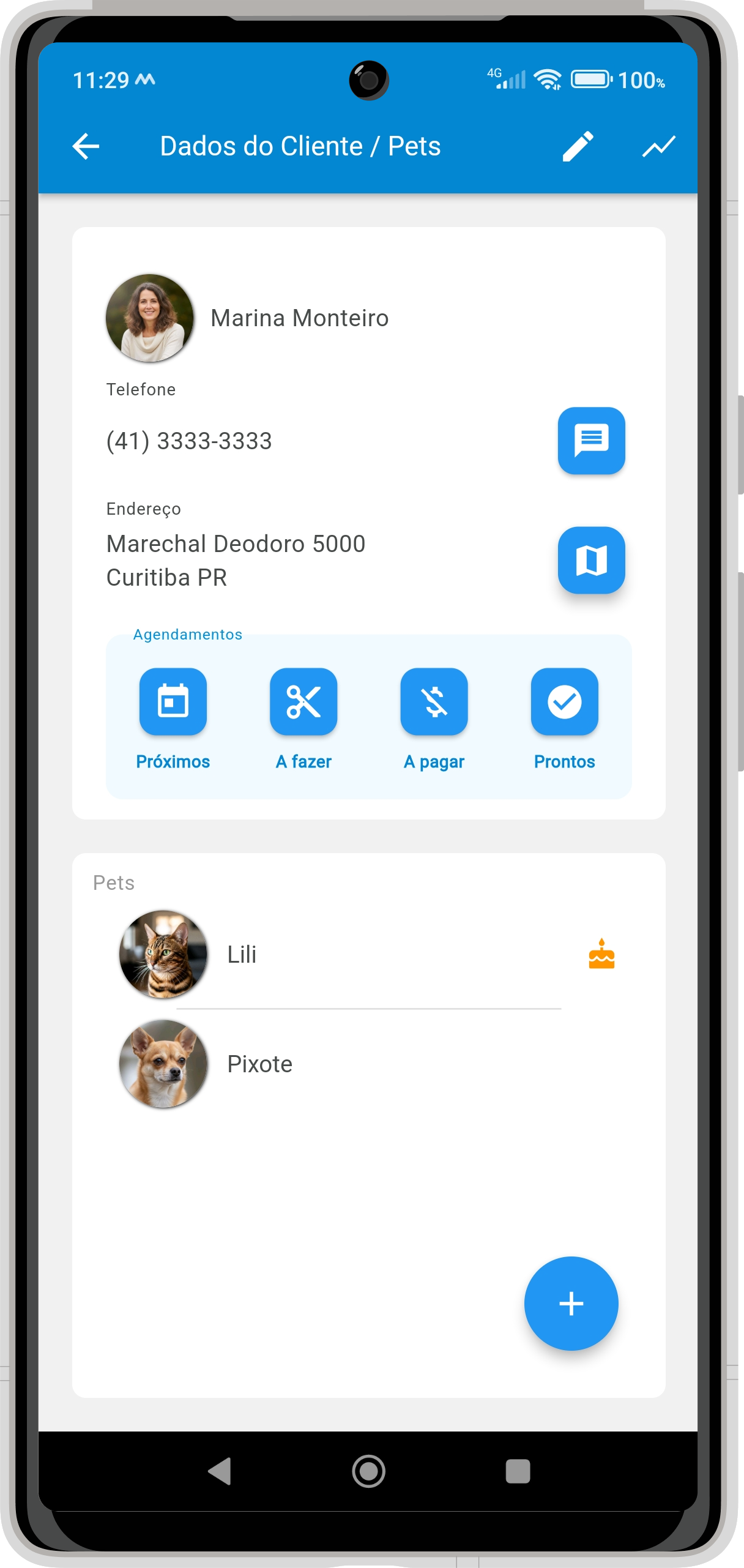 Tela de cadastro de clientes do Pet Pronto mostrando informações do cliente e seus pets